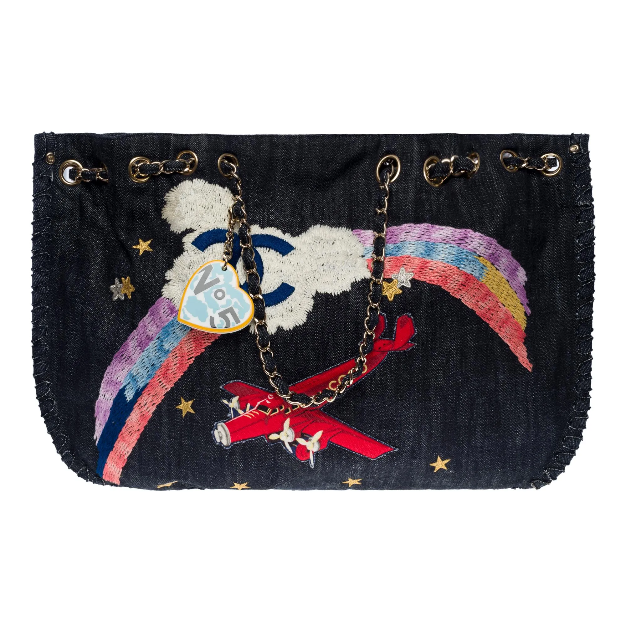 CHANEL Collector "Airplane Rainbow" Tote bag in Blue Denim, SHW