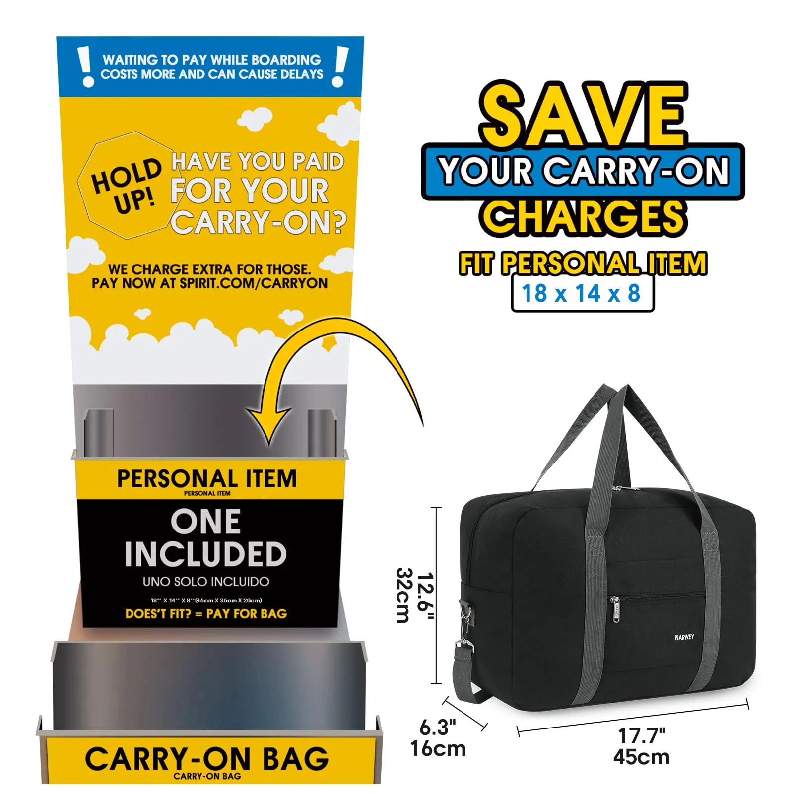 Narwey 3112 Foldable Duffel Bag Tote with Shoulder Strap (For Spirit Airlines)